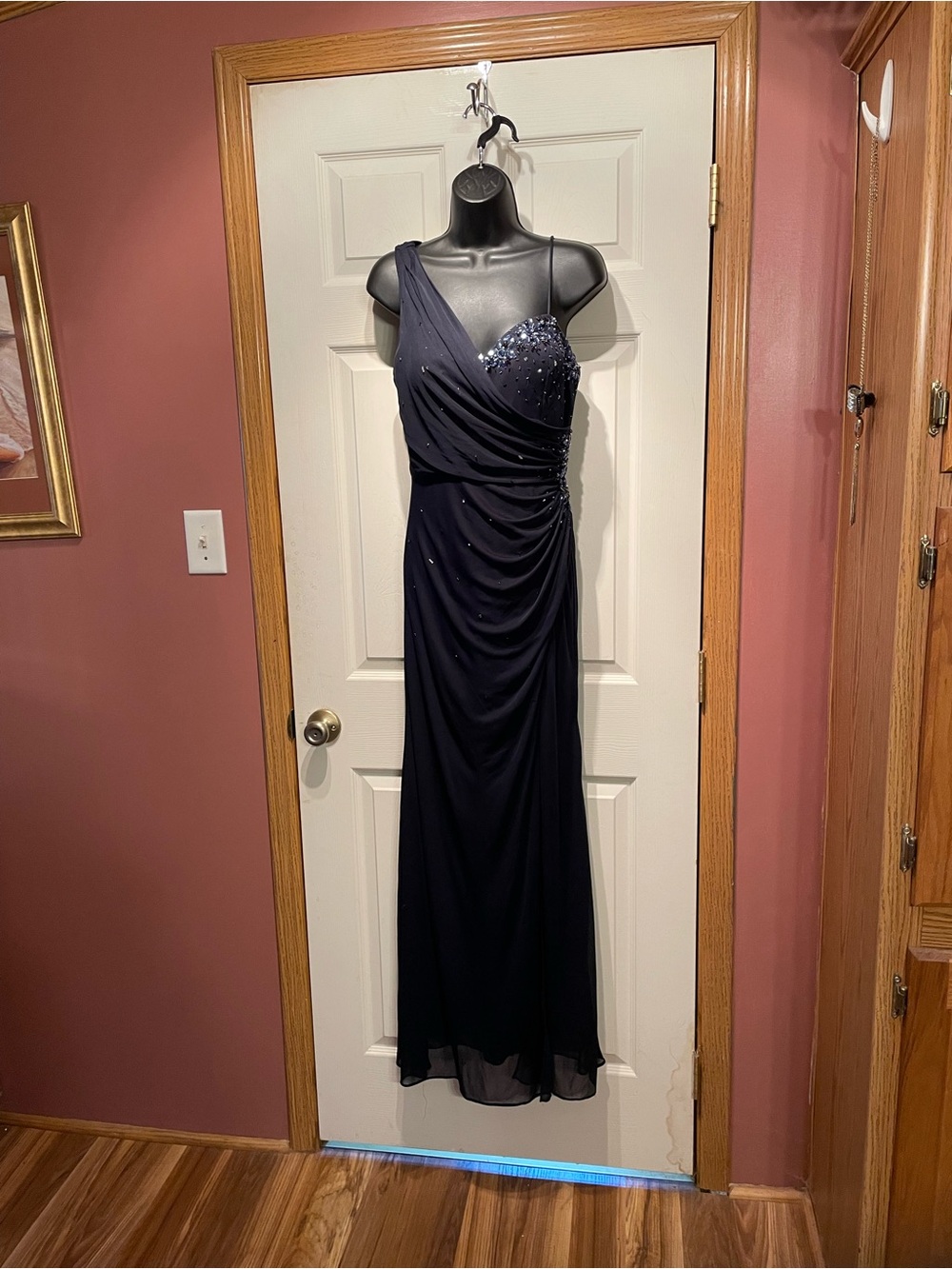 Xscape One-Shoulder Navy Evening Gown with Beaded Bodice